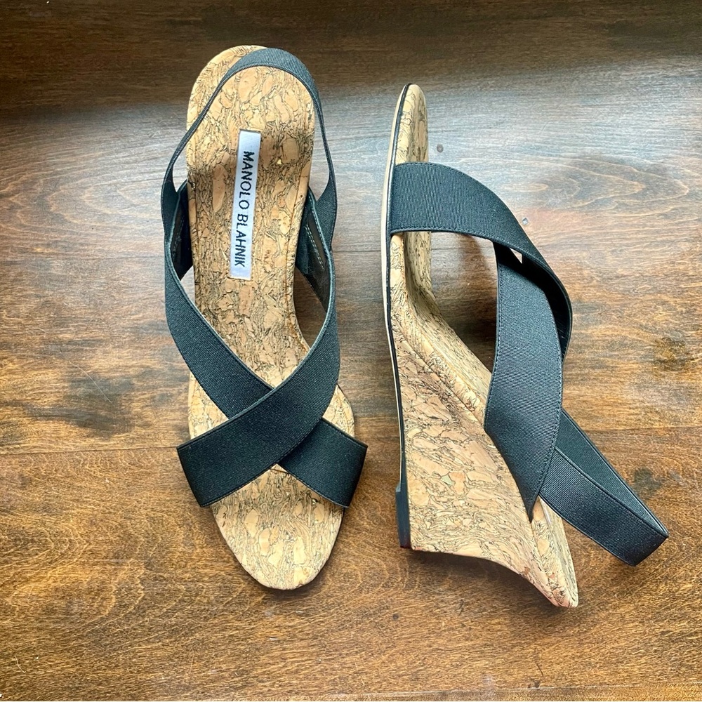Manolo Blahnik Strappy Cork Slingback Wedge Sandals